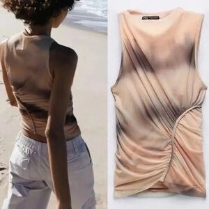 Zara Beige and Black Ruched Tank Top